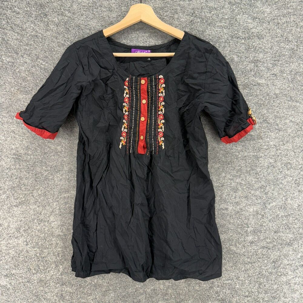 Maybell Blouse Women XL Black 1/2 Button Short Sleeve Round Neck Casual Solid